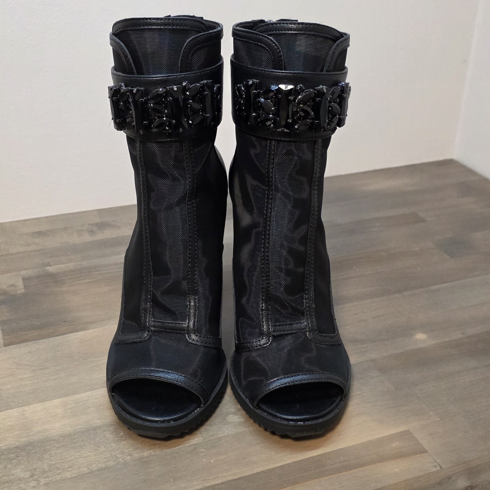 Black Mesh High-Heel Ankle Boot with Embellished Strap - Picture 4 of 12